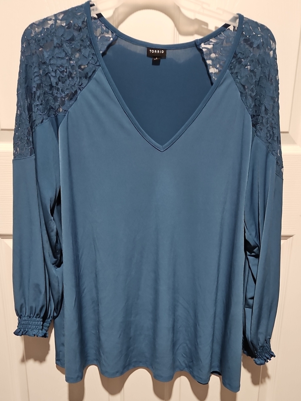 Torrid Teal Lace-Shoulder V-Neck Long Sleeve Top